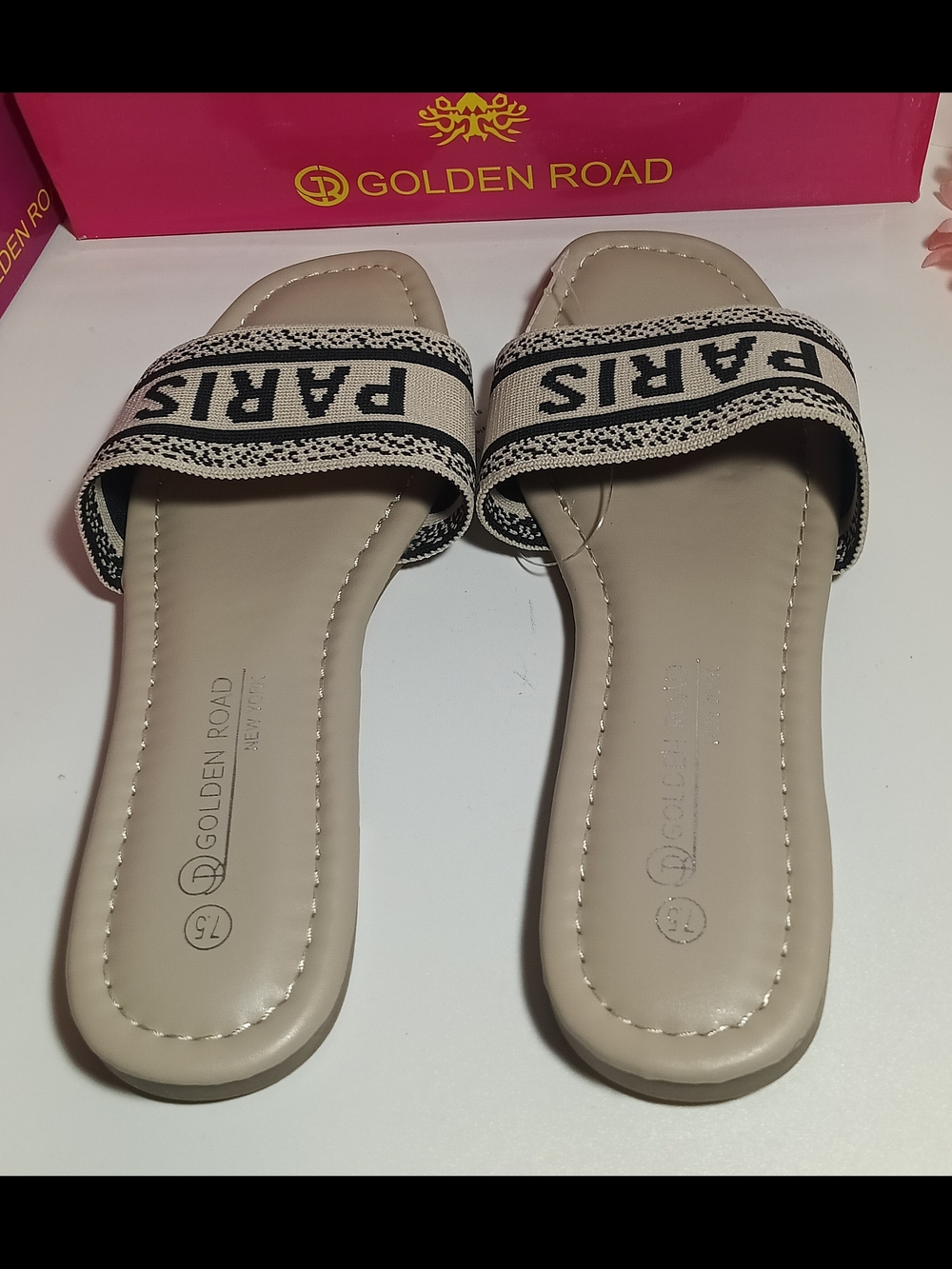 Golden Road New York "PARIS" Embroidered Canvas Slide Sandals - Beige Size 7.5